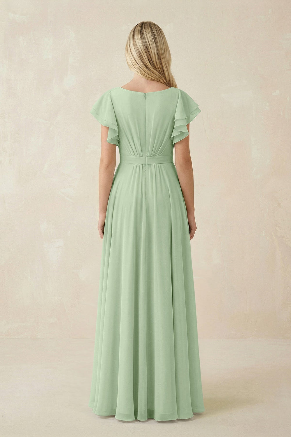 Cap Sleeve Ruffled A - Line Chiffon Bridesmaid Dress in Sage - KissProm Bridesmaid Dresses
