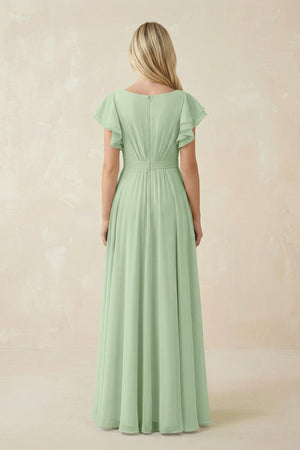 Cap Sleeve Ruffled A - Line Chiffon Bridesmaid Dress in Sage - KissProm Bridesmaid Dresses