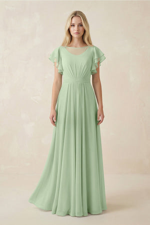 Cap Sleeve Ruffled A - Line Chiffon Bridesmaid Dress in Sage - KissProm Bridesmaid Dresses