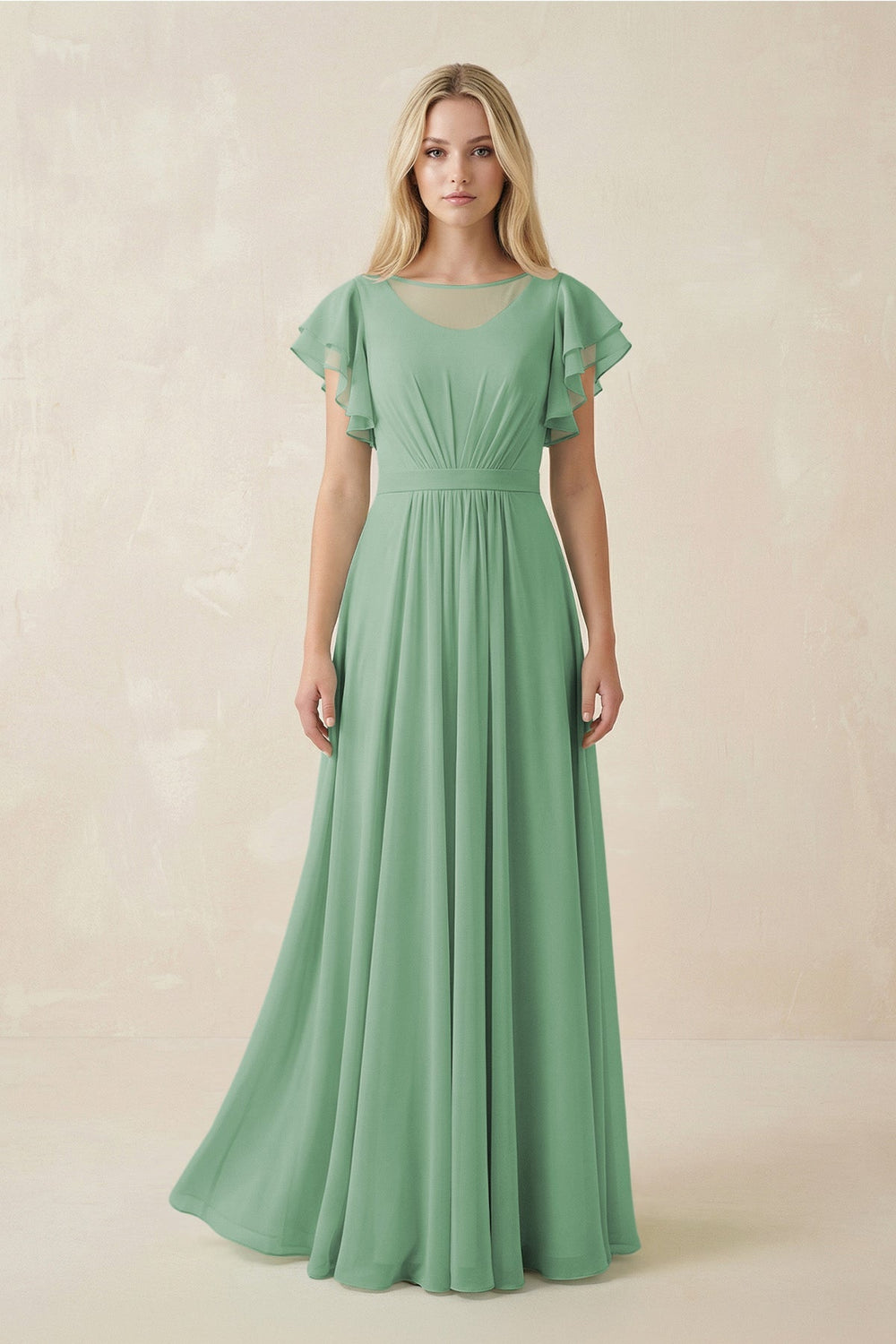 Cap Sleeve Ruffled A - Line Chiffon Bridesmaid Dress in Sea Glass - KissProm Bridesmaid Dresses