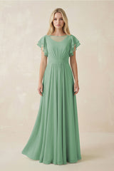 Cap Sleeve Ruffled A - Line Chiffon Bridesmaid Dress in Sea Glass - KissProm Bridesmaid Dresses