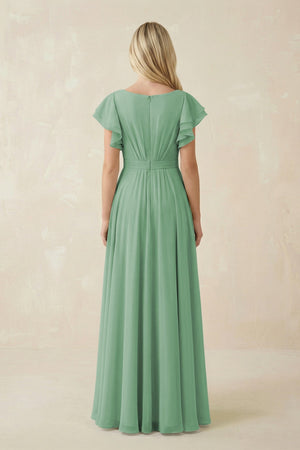 Cap Sleeve Ruffled A - Line Chiffon Bridesmaid Dress in Sea Glass - KissProm Bridesmaid Dresses
