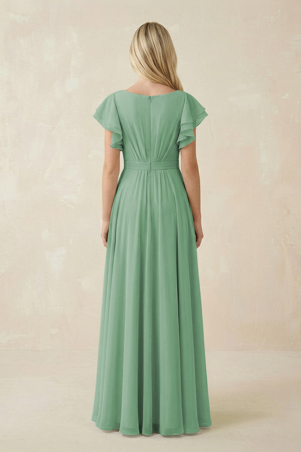 Cap Sleeve Ruffled A - Line Chiffon Bridesmaid Dress in Sea Glass - KissProm Bridesmaid Dresses