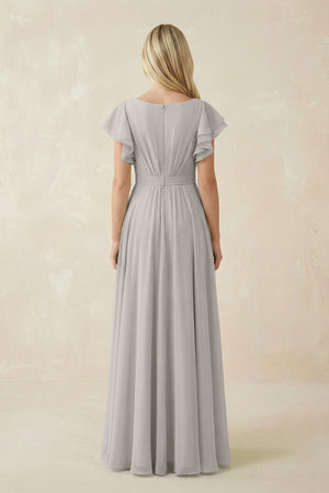 Cap Sleeve Ruffled A - Line Chiffon Bridesmaid Dress in Silver - KissProm Bridesmaid Dresses