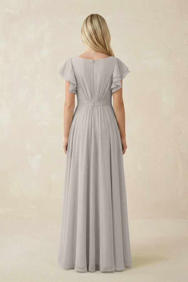 Cap Sleeve Ruffled A - Line Chiffon Bridesmaid Dress in Silver - KissProm Bridesmaid Dresses