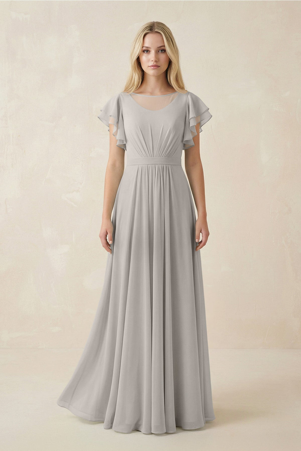 Cap Sleeve Ruffled A - Line Chiffon Bridesmaid Dress in Silver - KissProm Bridesmaid Dresses