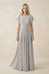Cap Sleeve Ruffled A - Line Chiffon Bridesmaid Dress in Silver - KissProm Bridesmaid Dresses