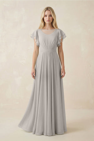 Cap Sleeve Ruffled A - Line Chiffon Bridesmaid Dress in Silver - KissProm Bridesmaid Dresses
