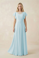Cap Sleeve Ruffled A - Line Chiffon Bridesmaid Dress in Sky Blue - KissProm Bridesmaid Dresses