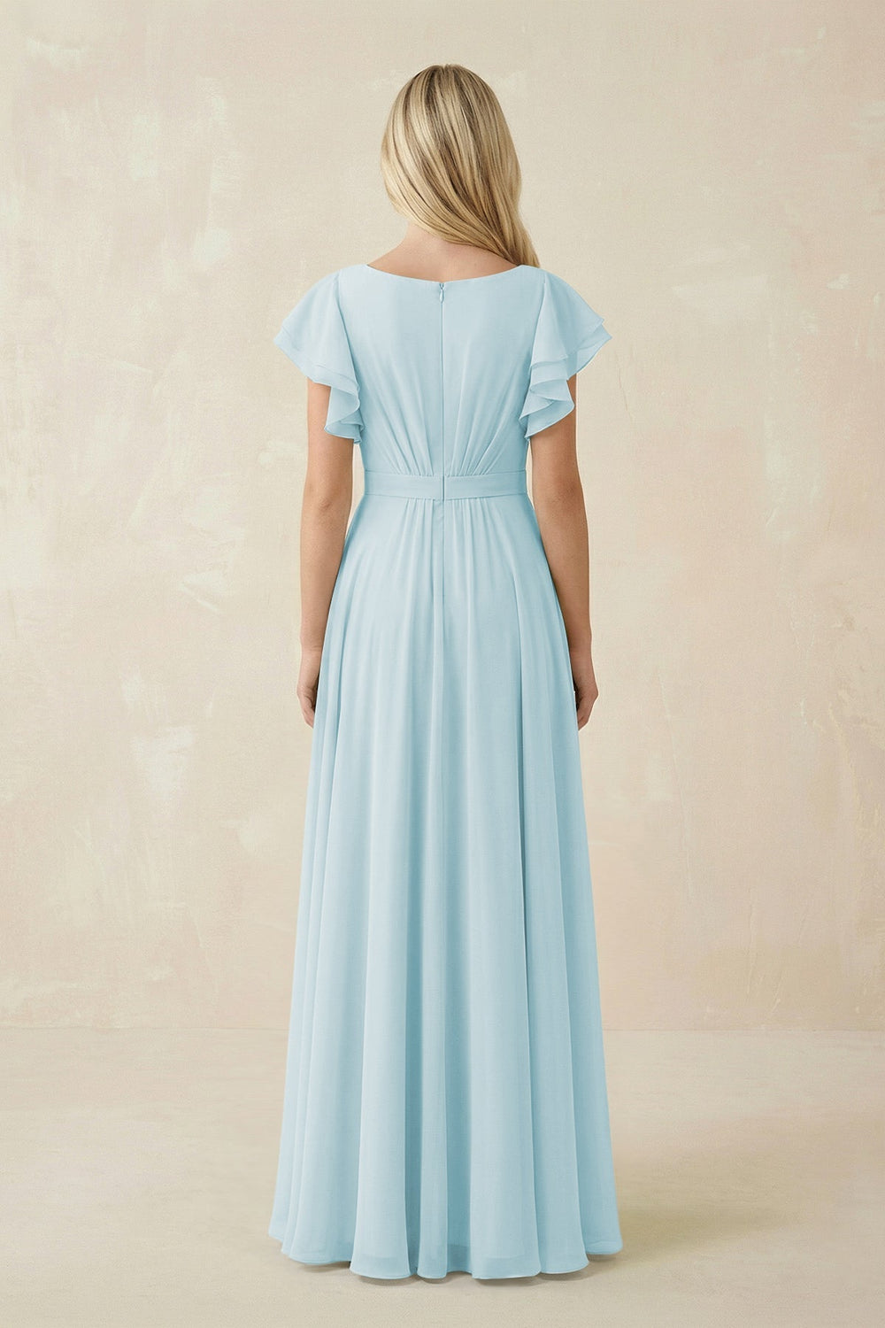 Cap Sleeve Ruffled A - Line Chiffon Bridesmaid Dress in Sky Blue - KissProm Bridesmaid Dresses