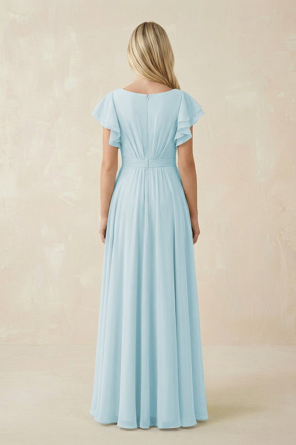 Cap Sleeve Ruffled A - Line Chiffon Bridesmaid Dress in Sky Blue - KissProm Bridesmaid Dresses