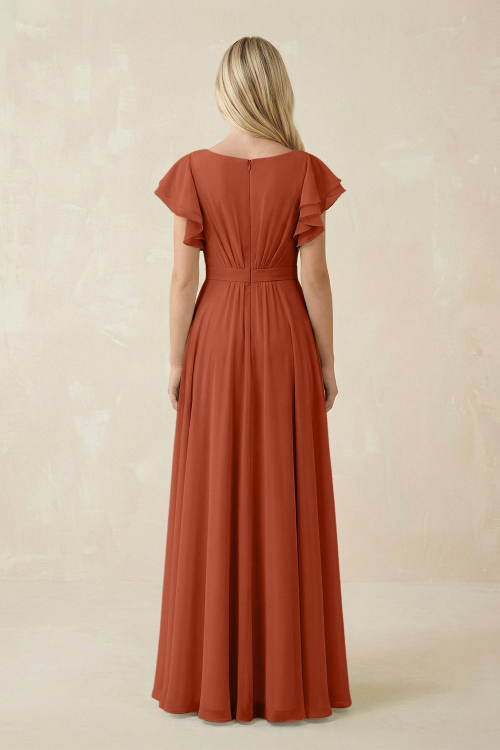 Cap Sleeve Ruffled A - Line Chiffon Bridesmaid Dress in Spice - KissProm Bridesmaid Dresses