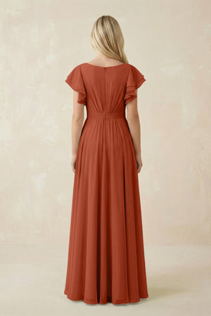 Cap Sleeve Ruffled A - Line Chiffon Bridesmaid Dress in Spice - KissProm Bridesmaid Dresses