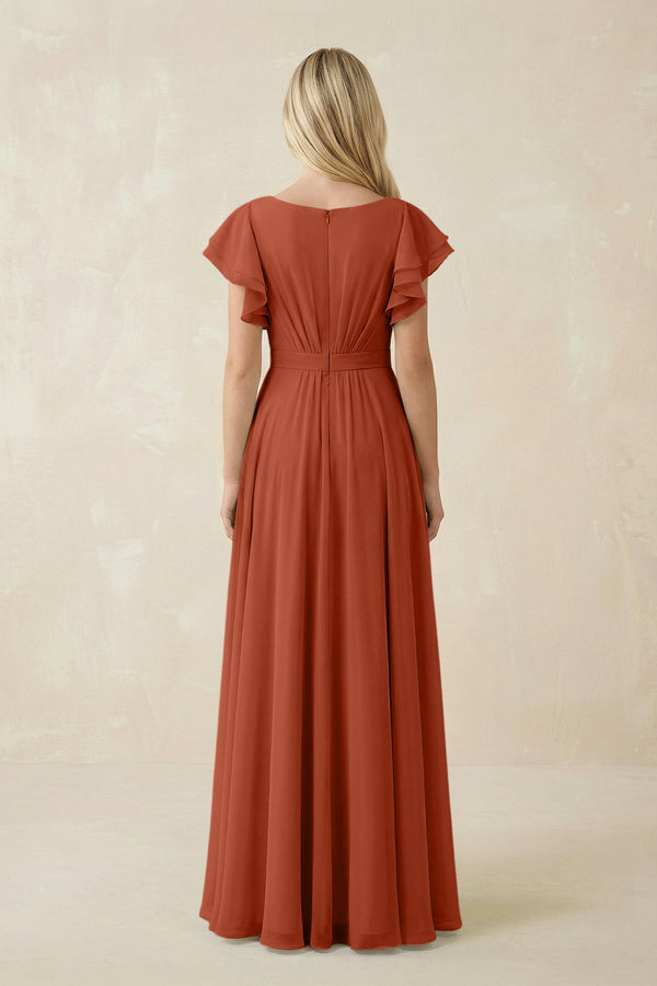 Cap Sleeve Ruffled A - Line Chiffon Bridesmaid Dress in Spice - KissProm Bridesmaid Dresses