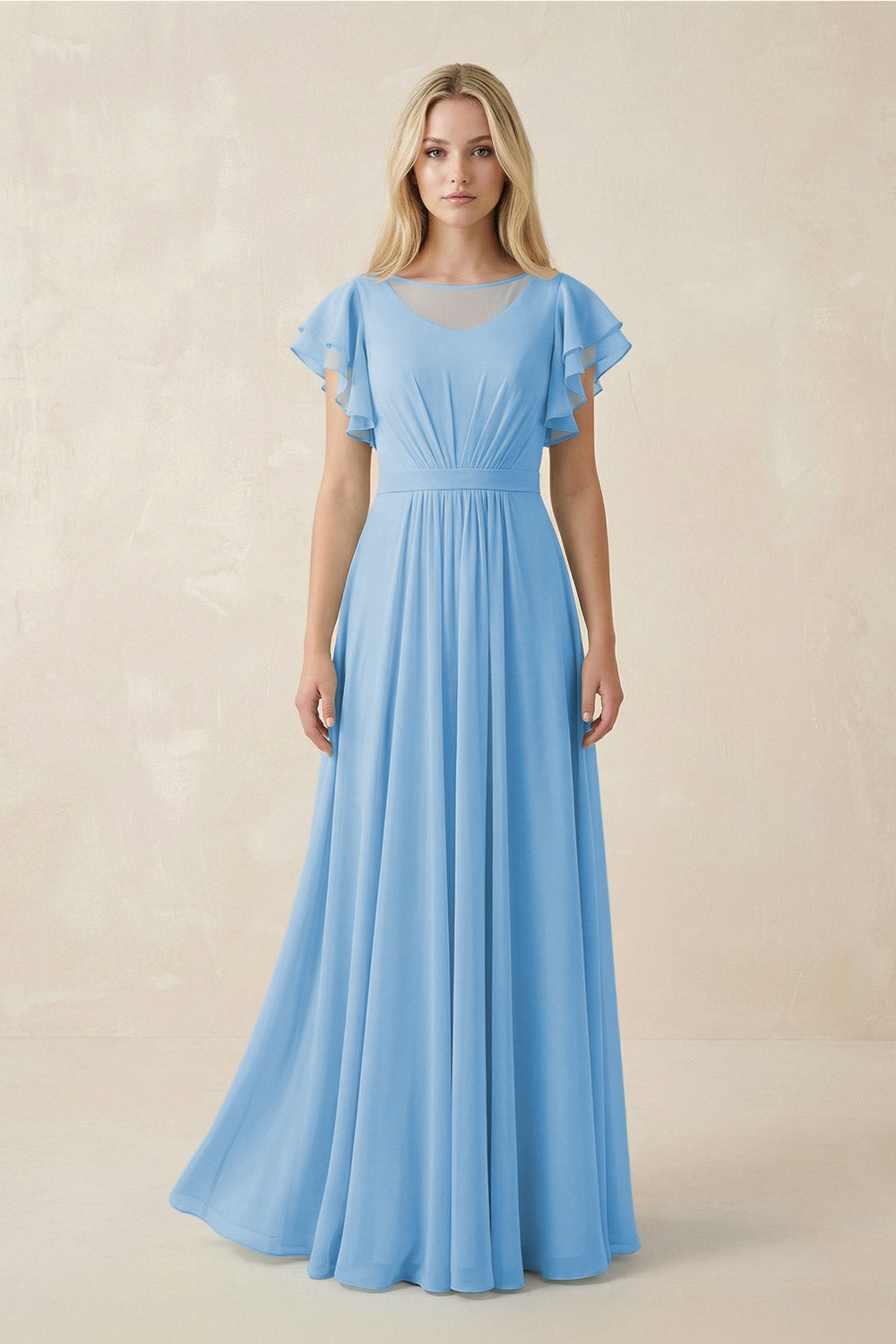 Cap Sleeve Ruffled A - Line Chiffon Bridesmaid Dress in Steel Blue - KissProm Bridesmaid Dresses