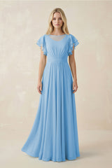 Cap Sleeve Ruffled A - Line Chiffon Bridesmaid Dress in Steel Blue - KissProm Bridesmaid Dresses