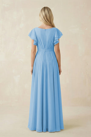 Cap Sleeve Ruffled A - Line Chiffon Bridesmaid Dress in Steel Blue - KissProm Bridesmaid Dresses