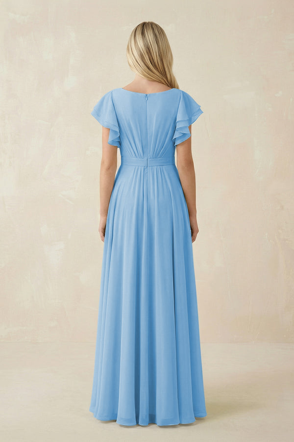 Cap Sleeve Ruffled A - Line Chiffon Bridesmaid Dress in Steel Blue - KissProm Bridesmaid Dresses