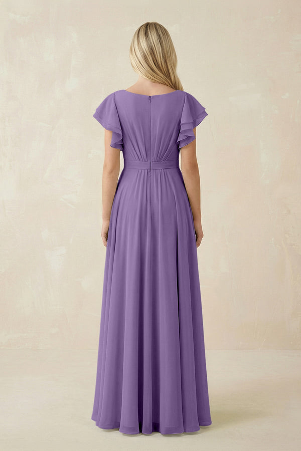 Cap Sleeve Ruffled A - Line Chiffon Bridesmaid Dress in Tahiti - KissProm Bridesmaid Dresses