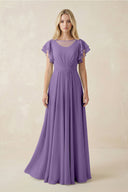 Cap Sleeve Ruffled A - Line Chiffon Bridesmaid Dress in Tahiti - KissProm Bridesmaid Dresses