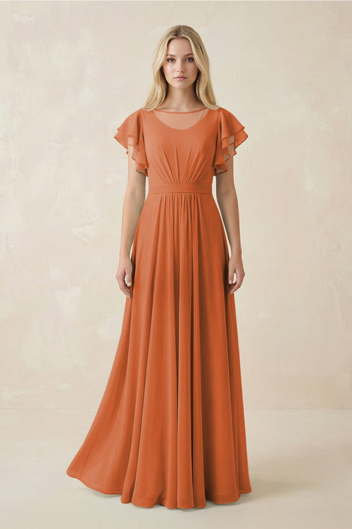 Cap Sleeve Ruffled A - Line Chiffon Bridesmaid Dress in Terracotta - KissProm Bridesmaid Dresses