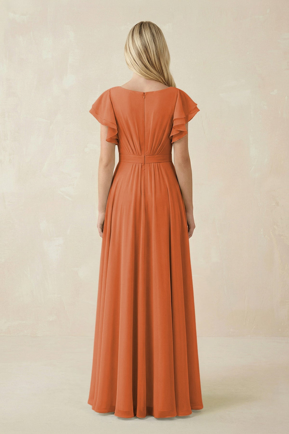Cap Sleeve Ruffled A - Line Chiffon Bridesmaid Dress in Terracotta - KissProm Bridesmaid Dresses