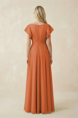 Cap Sleeve Ruffled A - Line Chiffon Bridesmaid Dress in Terracotta - KissProm Bridesmaid Dresses