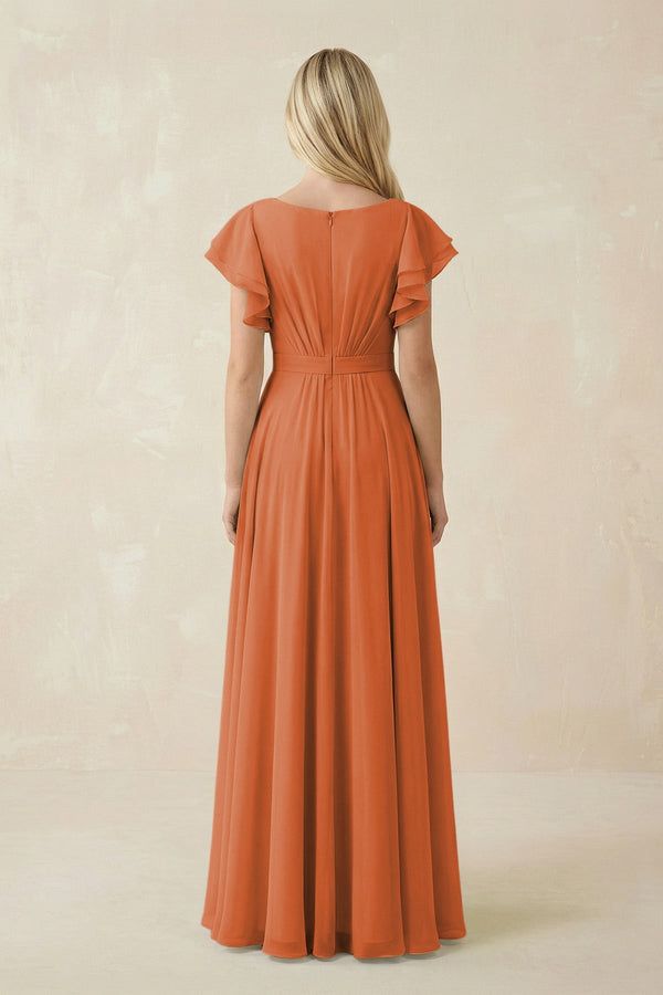 Cap Sleeve Ruffled A - Line Chiffon Bridesmaid Dress in Terracotta - KissProm Bridesmaid Dresses