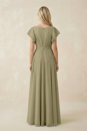 Cap Sleeve Ruffled A - Line Chiffon Bridesmaid Dress in Thyme - KissProm Bridesmaid Dresses