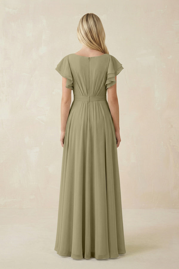 Cap Sleeve Ruffled A - Line Chiffon Bridesmaid Dress in Thyme - KissProm Bridesmaid Dresses