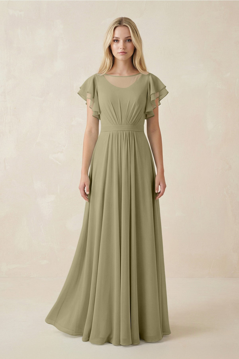 Cap Sleeve Ruffled A - Line Chiffon Bridesmaid Dress in Thyme - KissProm Bridesmaid Dresses
