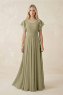 Cap Sleeve Ruffled A - Line Chiffon Bridesmaid Dress in Thyme - KissProm Bridesmaid Dresses
