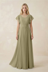 Cap Sleeve Ruffled A - Line Chiffon Bridesmaid Dress in Thyme - KissProm Bridesmaid Dresses
