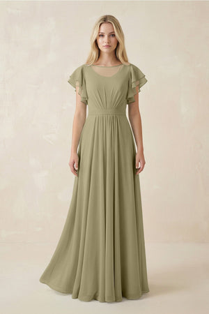 Cap Sleeve Ruffled A - Line Chiffon Bridesmaid Dress in Thyme - KissProm Bridesmaid Dresses