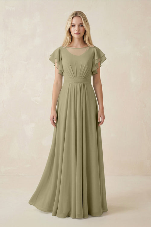 Cap Sleeve Ruffled A - Line Chiffon Bridesmaid Dress in Thyme - KissProm Bridesmaid Dresses