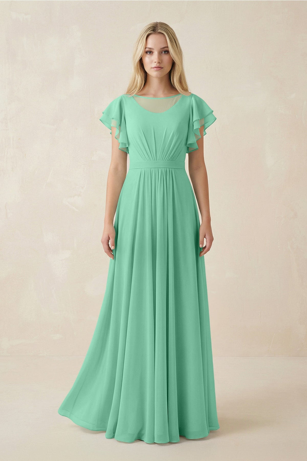 Cap Sleeve Ruffled A - Line Chiffon Bridesmaid Dress in Turquoise - KissProm Bridesmaid Dresses