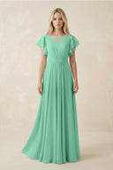 Cap Sleeve Ruffled A - Line Chiffon Bridesmaid Dress in Turquoise - KissProm Bridesmaid Dresses