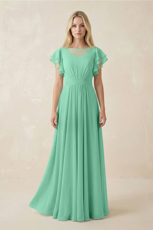 Cap Sleeve Ruffled A - Line Chiffon Bridesmaid Dress in Turquoise - KissProm Bridesmaid Dresses
