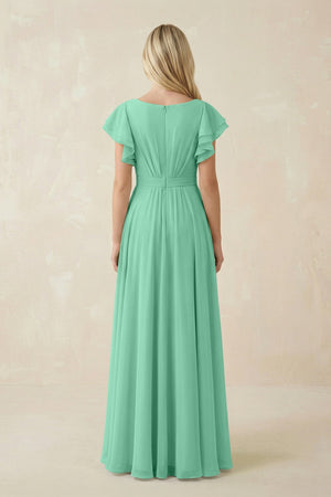 Cap Sleeve Ruffled A - Line Chiffon Bridesmaid Dress in Turquoise - KissProm Bridesmaid Dresses