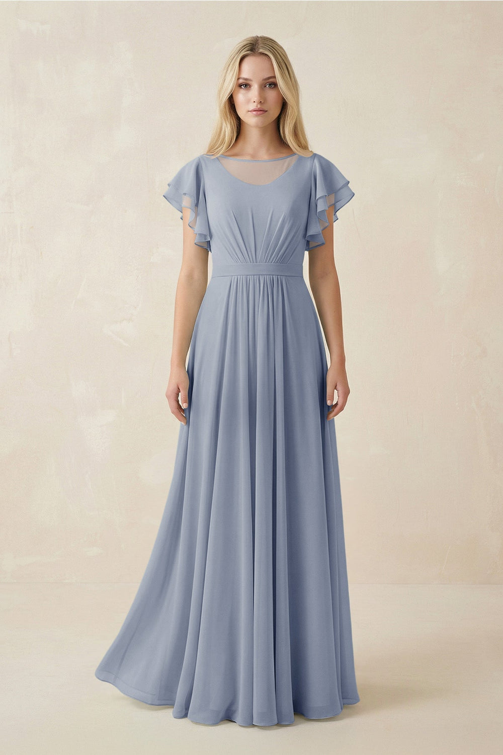 Cap Sleeve Ruffled A - Line Chiffon Bridesmaid Dress in Twilight - KissProm Bridesmaid Dresses