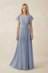 Cap Sleeve Ruffled A - Line Chiffon Bridesmaid Dress in Twilight - KissProm Bridesmaid Dresses