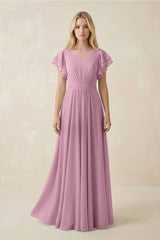 Cap Sleeve Ruffled A - Line Chiffon Bridesmaid Dress in Vintage Mauve - KissProm Bridesmaid Dresses