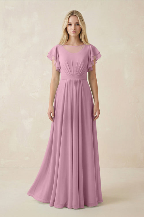 Cap Sleeve Ruffled A - Line Chiffon Bridesmaid Dress in Vintage Mauve - KissProm Bridesmaid Dresses