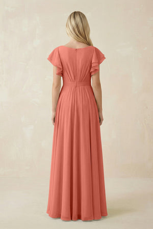 Cap Sleeve Ruffled A - Line Chiffon Bridesmaid Dress in Wild Rose - KissProm Bridesmaid Dresses