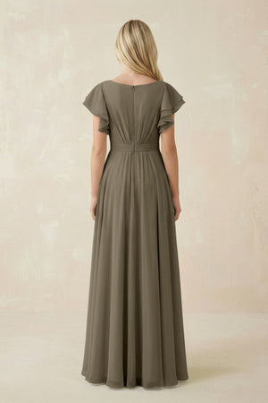 Cap Sleeve Ruffled A - Line Chiffon Bridesmaid Dress in Willow Green - KissProm Bridesmaid Dresses