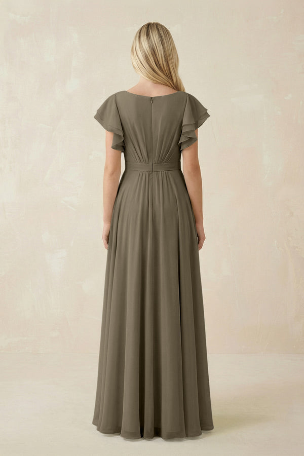 Cap Sleeve Ruffled A - Line Chiffon Bridesmaid Dress in Willow Green - KissProm Bridesmaid Dresses