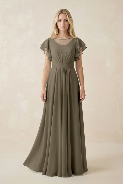 Cap Sleeve Ruffled A-Line Chiffon Bridesmaid Dress in Willow Green
