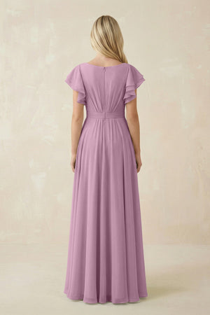Cap Sleeve Ruffled A - Line Chiffon Bridesmaid Dress in Wisteria - KissProm Bridesmaid Dresses