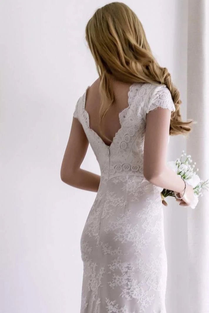 Cap Sleeve Satin Lace Split Mermaid Wedding Dress