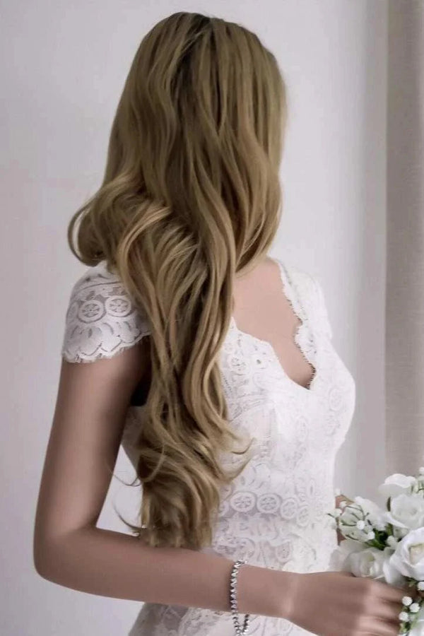 Cap Sleeve Satin Lace Split Mermaid Wedding Dress